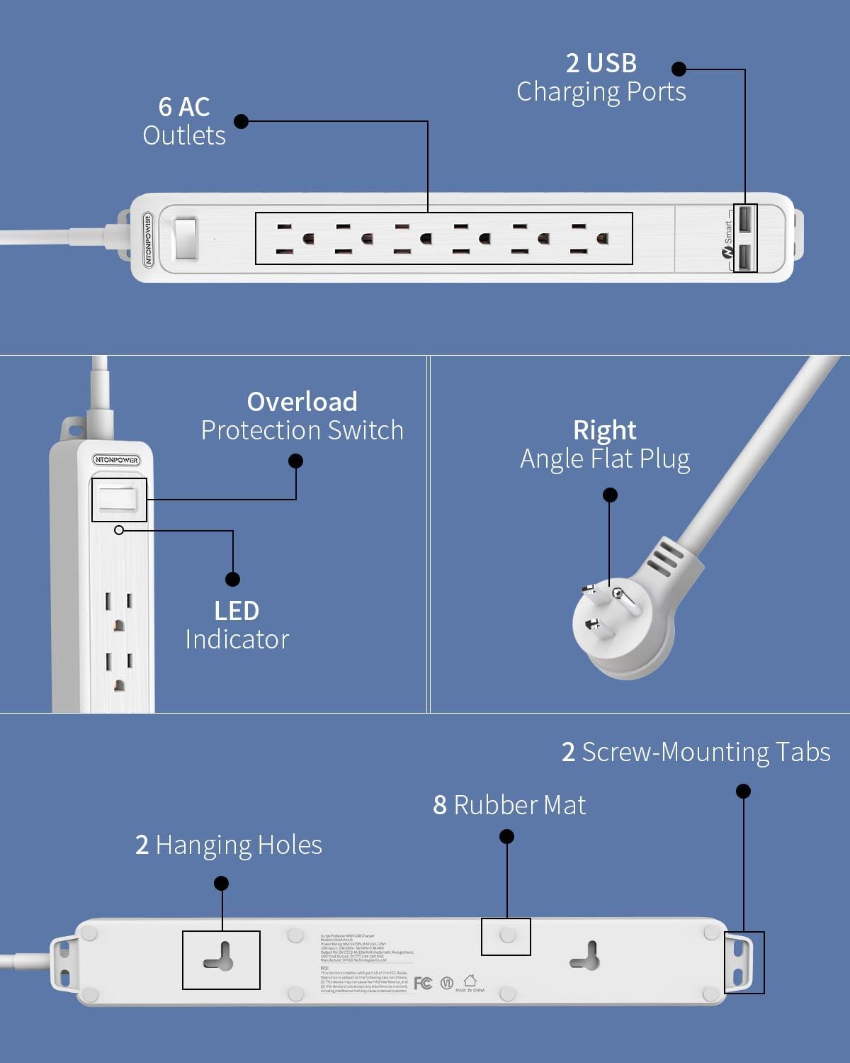 Surge Protector Power Strip Long Cord, NTONPOWER Flat Plug Power Strip with USB, 25 ft Extension Cord, 6 Outlet 2 USB Desktop Charging Station, 1080 Joules, Wall Mountable for Home and Office, White: Home Audio & Theater