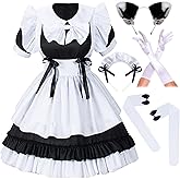 Women Sweet Kawaii Costume Dress Anime French Maid Cosplay Furry Cat Ear Gloves Socks Set