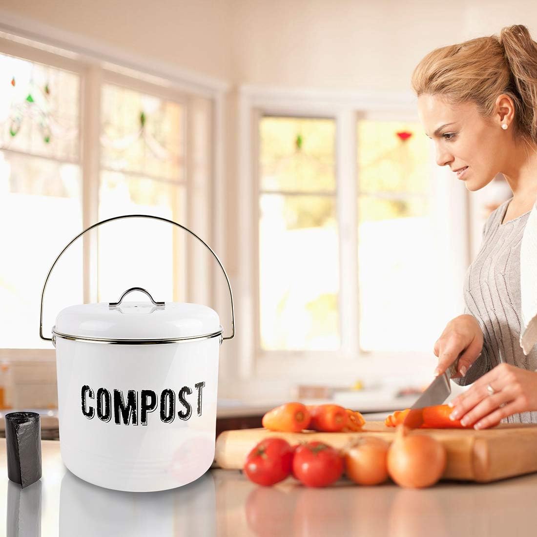 Kitchen Compost Bin with 7 Charcoal Filters and 50 Recycled Trash Bags, 1.3 Gallon Compost Bucket, Rustic Farmhouse Composting Container for Kitchen Counter: Kitchen & Dining