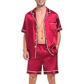 SWOMOG Men Silk Pajama Set Short Sleeve Satin PJs Sets 2 Piece Button Down Sleepwear Soft Summer Loungewear with Pockets