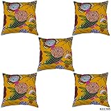 Yellow Indian Kantha Stitch Handmade Floral Decorative Throw Pillow Cases Cushion Covers