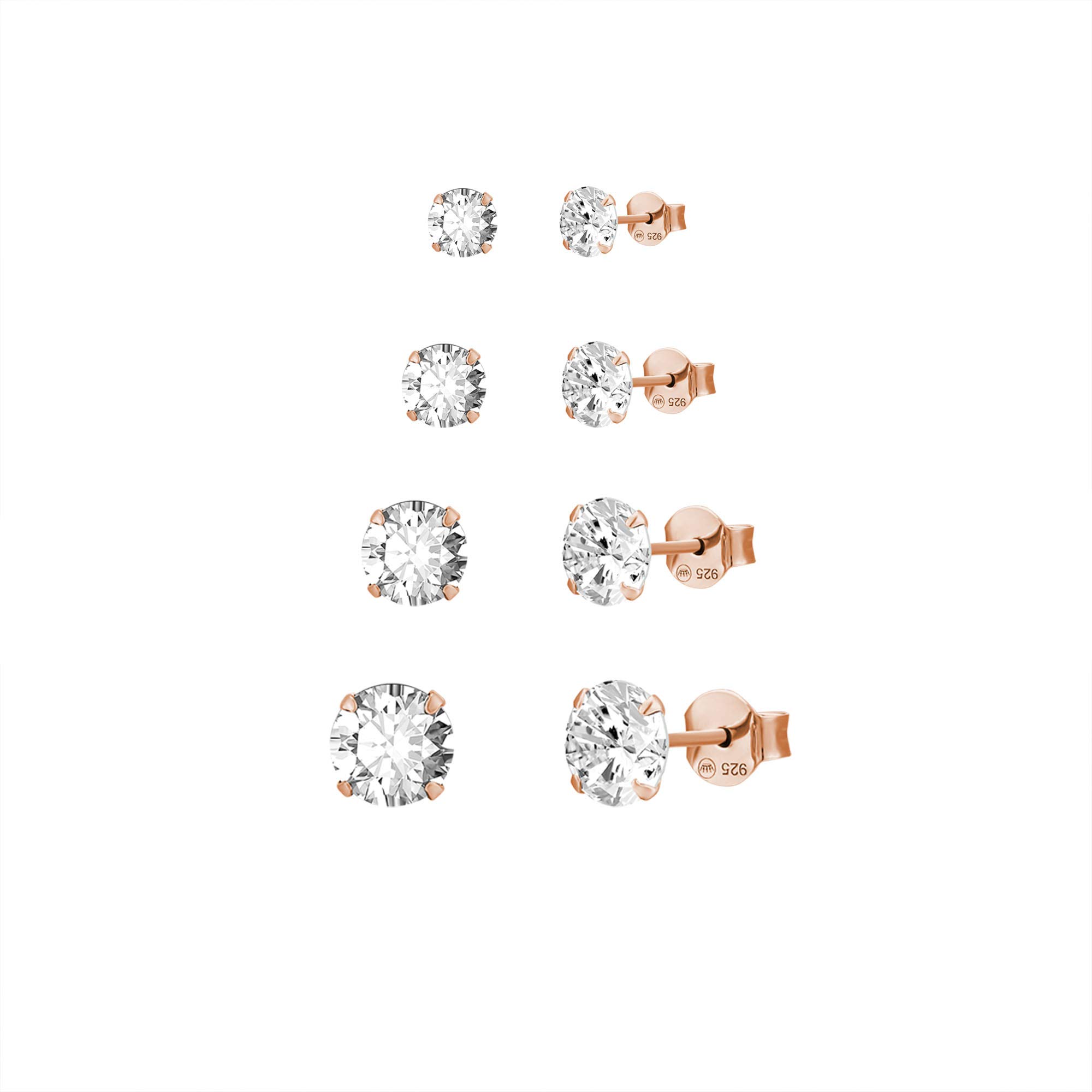 Women’s Set of 4 PAIRS Rose Gold Sterling Silver Round Cut White Cubic Zirconia Studs Earrings 3/4/5/6MM, Hypoallergenic & Nickel Free for Sensitive Ears, Jewellery Gift Box Perfect For Any Occasion