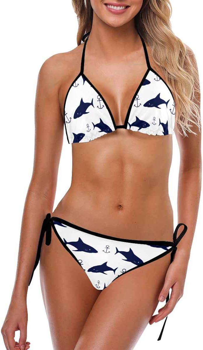 INTERESTPRINT Women's Anchor Pattern Swimwear Swimsuit Strappy Tie Padded Top Bikini Bathing Suit