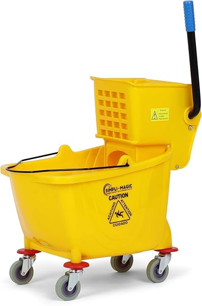SIMPLI-MAGIC COMMERCIAL MOP BUCKET WITH SIDE PRESS WRINGER, 36 QUART – 50,000 CYCLES WRINGER – INDUSTRIAL MOP BUCKET WITH WHEELS, YELLOW, 79538A