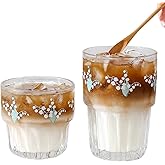 Ivymei Set of 2 Floral Drinking Glasses Cute Glass Coffee Cup Lily of the Valley Glass Cups for Juice,Iced Tea,Coffee,Latte,Dessert,Stackable Flower Glassware Drinkware Set(green)