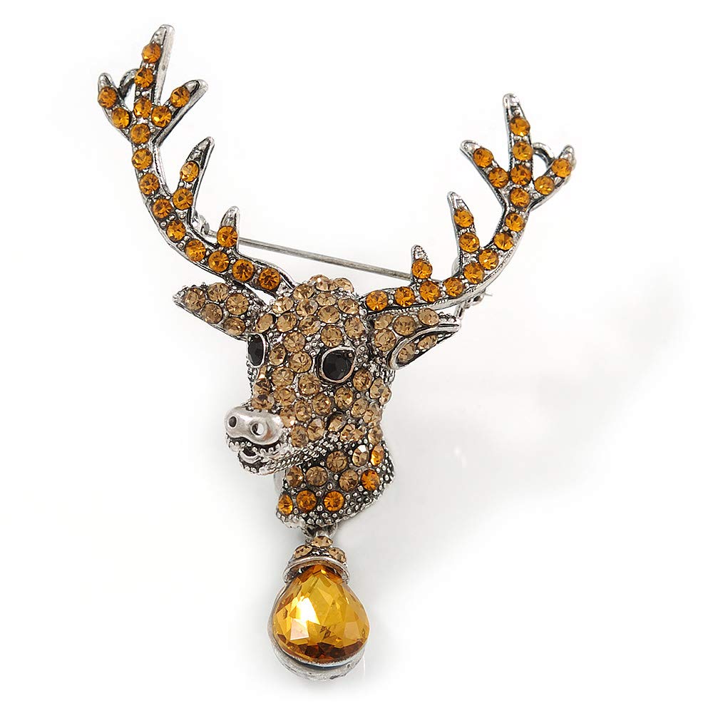Statement Topaz Coloured Austrian Crystal Stags Head Brooch/Pendant In Aged Silver Tone - 70mm Length