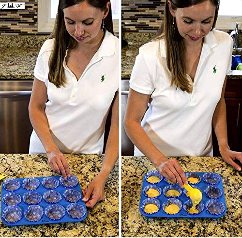 12 Cup Silicone Mini Muffins and Cupcake Baking Pan, Non-Stick Silicone Mold, Oven, Microwave, Dishwasher Safe 100% Silicon Bakeware Tin - Top Home Kitchen Rubber Tray & Mold (BLUE 2 PACK)