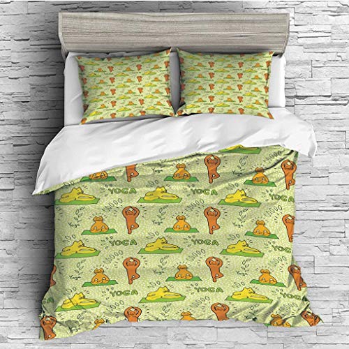 3 Pieces/All Seasons/Home Comforter Bedding Sets Duvet Cover Sets for Adult Kids/Single/Cat,Cute Cartoon Cats Practicing Yoga on Green Backdrop Meditation Healthy Living