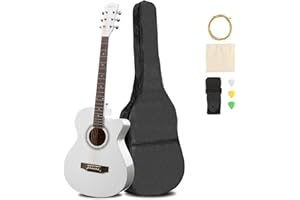 ARTALL 39 Inch Handmade Solid Wood Acoustic Cutaway Guitar Beginner Kit with Gig Bag, Strings, Picks, Strap, Glossy White