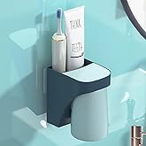 Blue Magnetic Cup Holder for Bathroom, sgzscl Toothbrush Wall Mounted Toothpaste Storage Drain Drill-Free Space Saving Organizer for Family Members