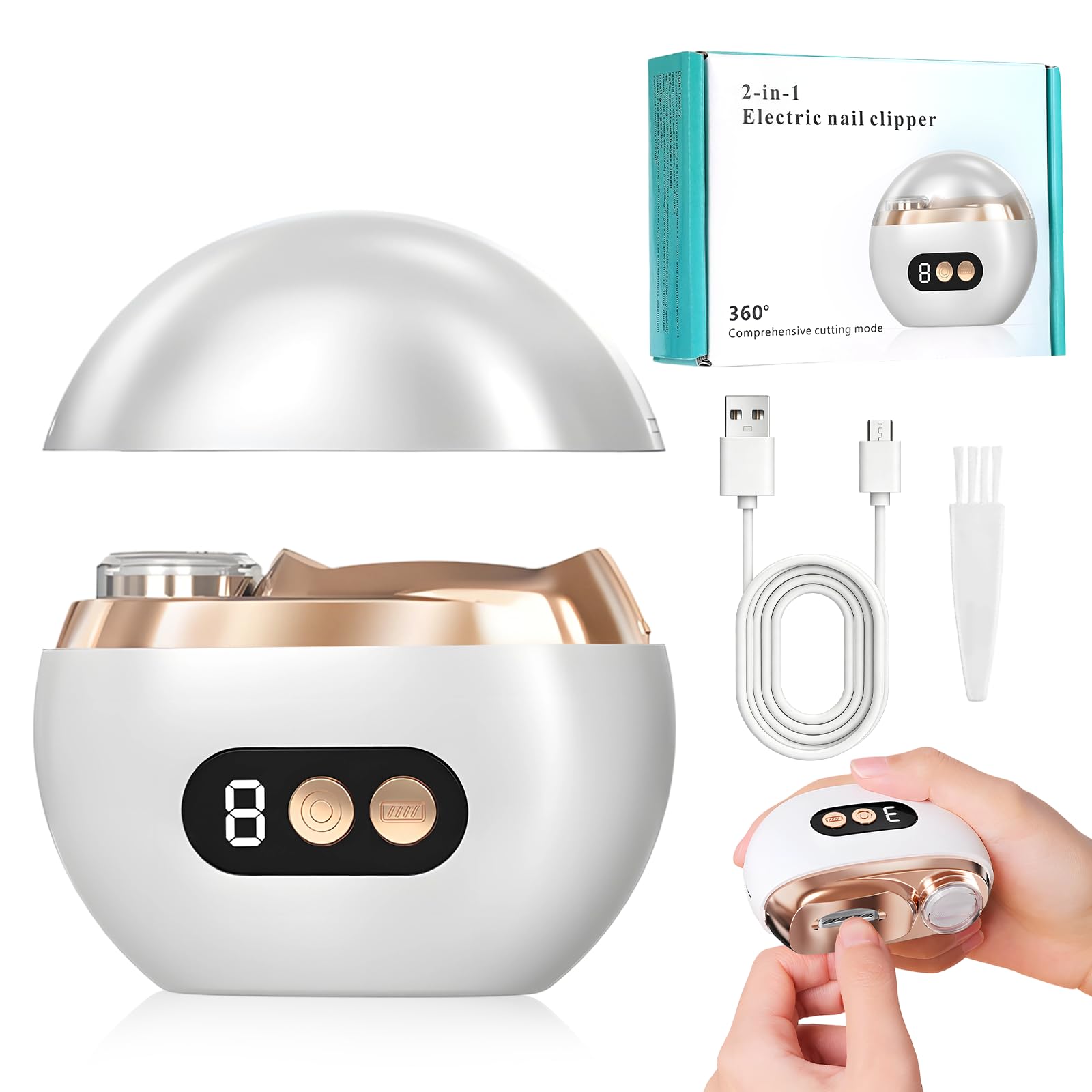 Photo 1 of 2 in 1 Automatic Electric Nail Clippers, New Electric Nail Clipper, Portable Nail Trimmer with LED Light and Nail Scraps Storage, USB Rechargeable, 2-Speed Fingernail Trimmer for All Ages (White)
