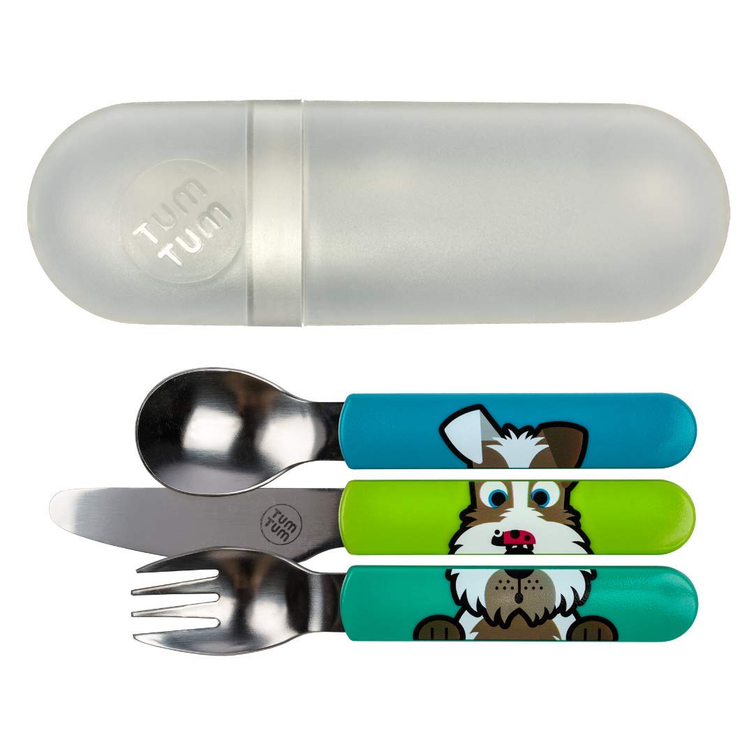 TUM TUM Toddler Cutlery Set with Travel Case, 3 Pcs Kids Cutlery Set Stainless Steel Includes 1 x Fork/Spoon/Knife, Kids Travel Cutlery Sets, BPA Free (Scruff The Dog)