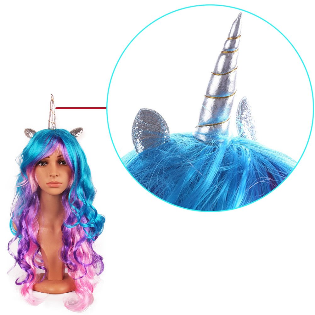 MIMIEYES Unicorn Horn Wig with Ears Headband Hairpiece Rainbow Long Curly Wigs for Halloween Party Cosplay Costume (Silver Horn)