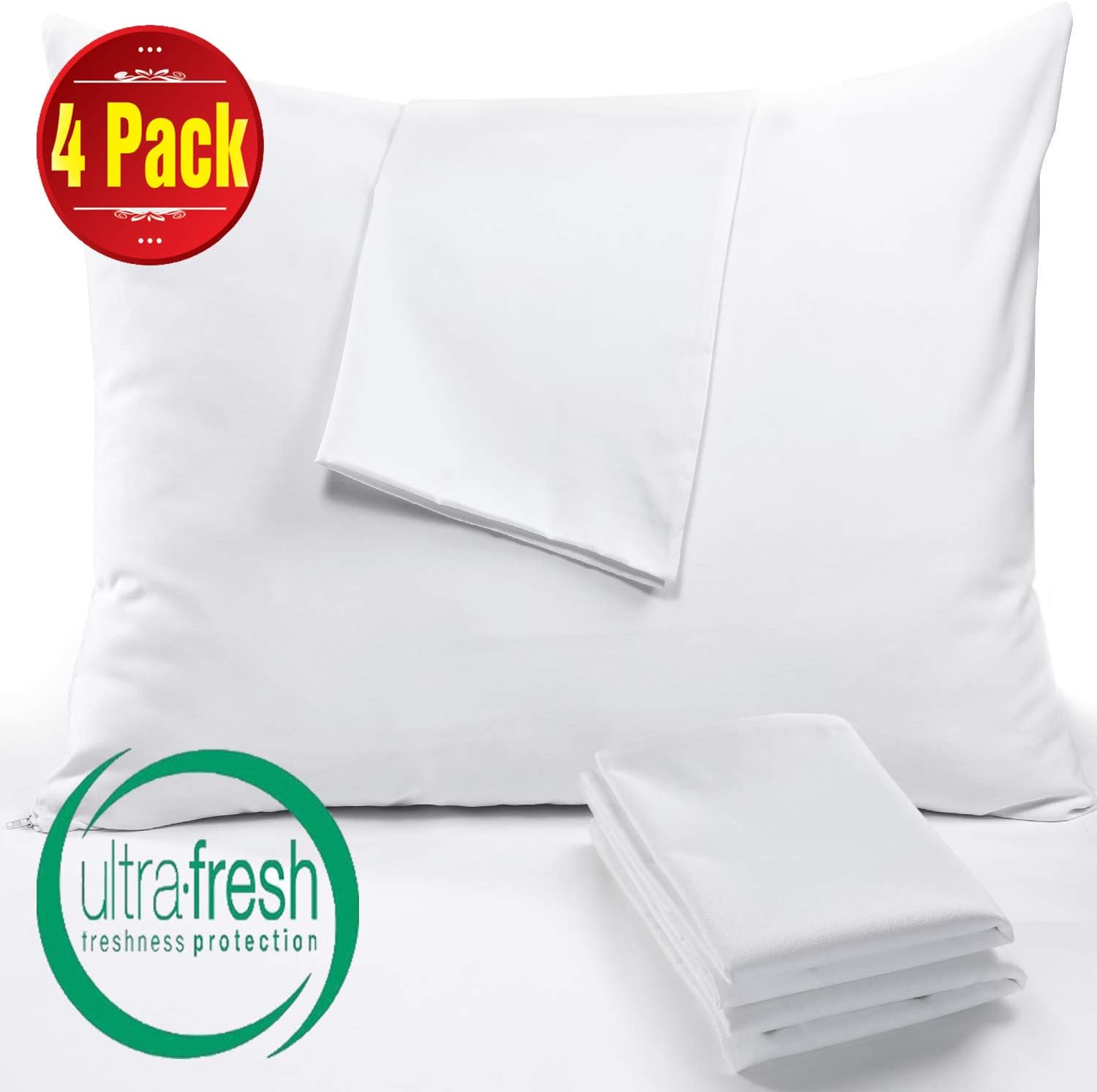 Niagara Sleep Solution 4 Pack Pillow Protectors Standard 20x26 Inches Lab Certified Anti Allergy Ultra Fresh Treated 100% Cotton Non Crinkle Quiet Breathable Zipper Covers Cases White