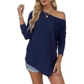 Tankaneo Womens Off The Shoulder Tops Casual Long Sleeve T Shirts Irregular Hem Split Tunics Loose Fall Blouse Shirt