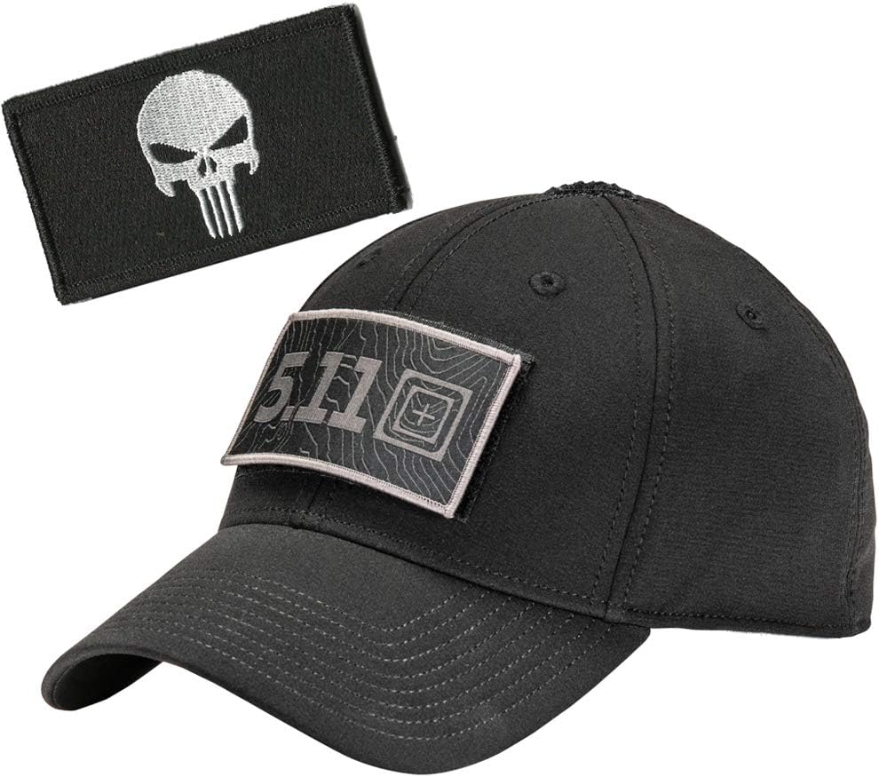 Black 5.11 Hawkeye Fitted Tactical Cap Bundle with Matching Tactical Patch