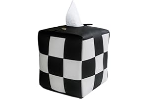 MSJGA Tissue Box Cover, Square PU Leather Tissue Box Holder with Metal Buckle, Checkered Tissue Box, Decorative Organizer for Bedroom, Vanity Desk, Nightstand, Bathroom, Office (Black)