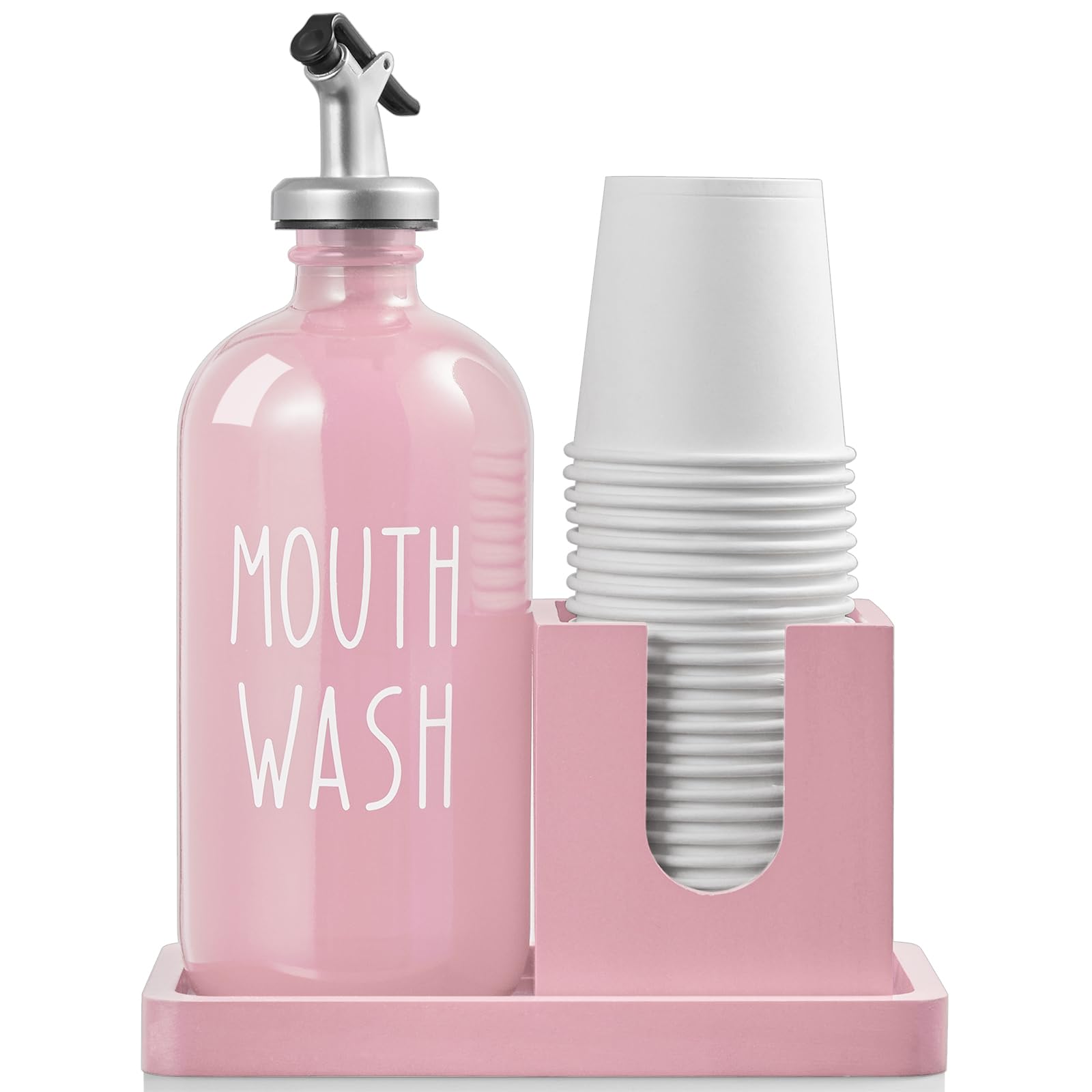 View 1 of ***JUST HOLDERS*** Glass Mouthwash Dispenser for Bathroom, 16 OZ Mouthwash Dispenser with Pour Spout and Wood Cup Holder and Tray, Mouth Wash Bottle Container, Farmhouse Kitchen Bathroom Decor and Accessories, Pink