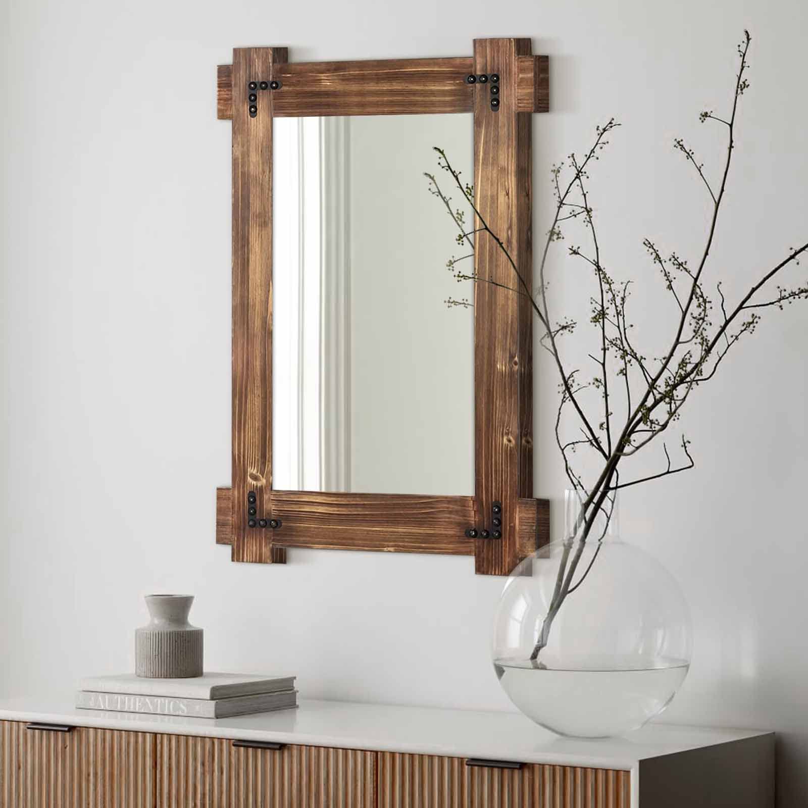 MeMoreCool Rustic Wood Mirror for Bathroom, Farmhouse Wall Mounted Vanity Mirror, Rectangular Wooden Framed Mirror for Bedroom Living Room Entryway, 30 x 20 Inch