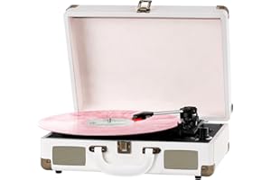 PAREIKO 3 Speeds Record Player with Built-in Speakers, Bluetooth Portable Suitcase Turntable with Built-in Baterry,3.5mm Headphone Jack Vinyl Phonograph with PC Recording AUX-in/RCA-Out,White