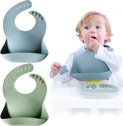 Moonkie Baby Bibs 2Pcs Silicone Waterproof Feeding Bibs BPA Free Adjustable