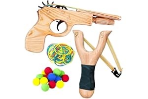 Lanxitown Wooden Rubber Band Gun and Sling Shot Wooden Toy Gun Wooden Slingshot with 100 Colorful Rubber Bands and 20 EVA Balls