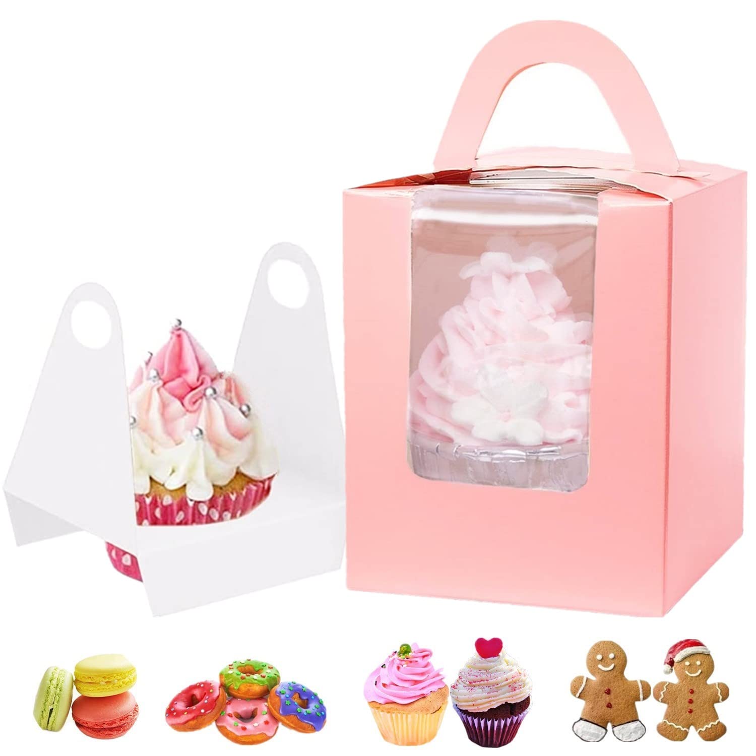GUIFIER 30 PCS Single Cupcake Boxes with Inserts, Individual Cupcake Muffins Boxes, Cupcake Carrier with Handle Bakery Boxes with Window, Cupcake Container Cookie Treat Boxes for Cake Desserts (Pink)