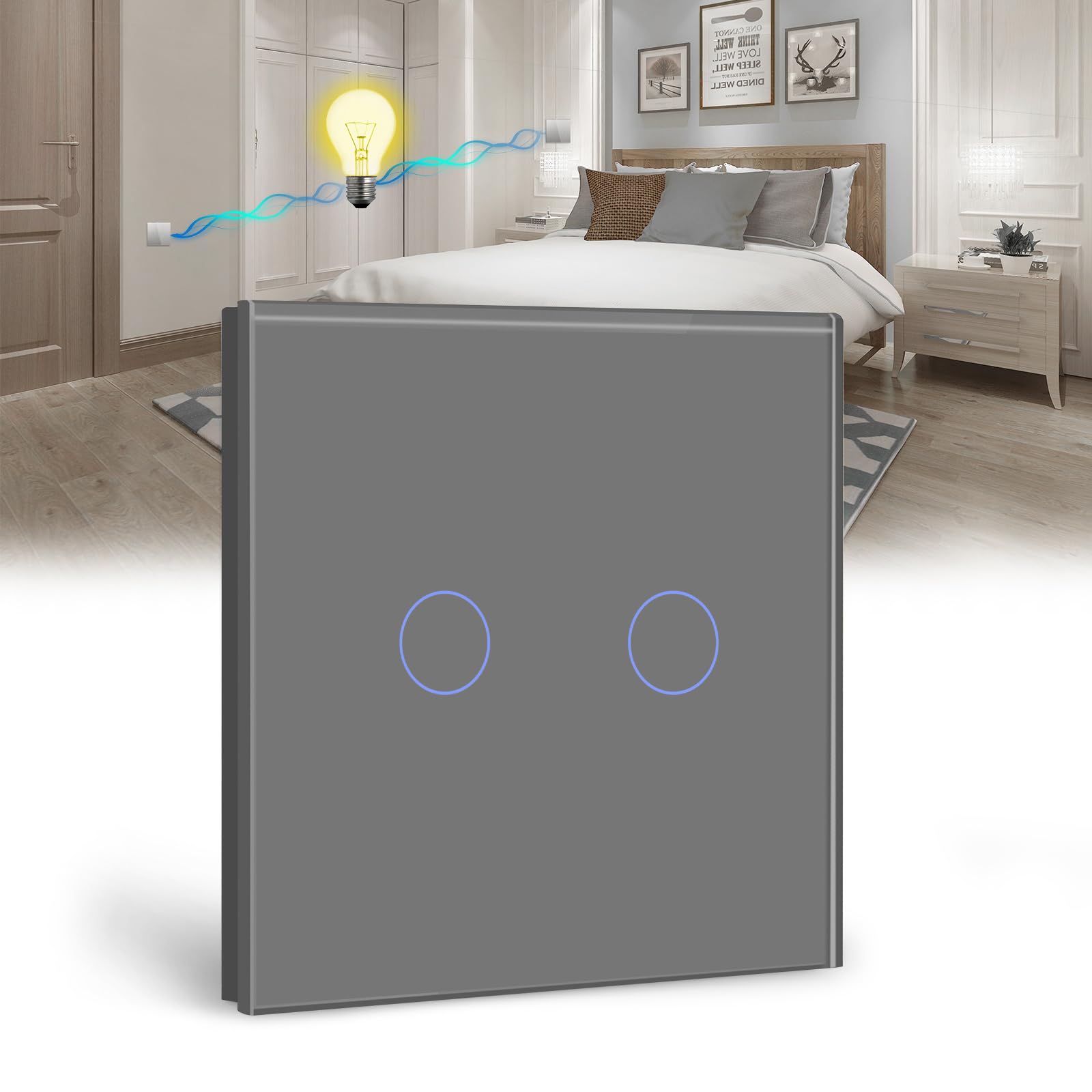 BSEED Touch Light Switch 2 Gang 2 Way, Tempered Glass Panel Light Switches with LED Indicator 86mm Grey Touch Sensitive Light Switch-No Neutral Wire