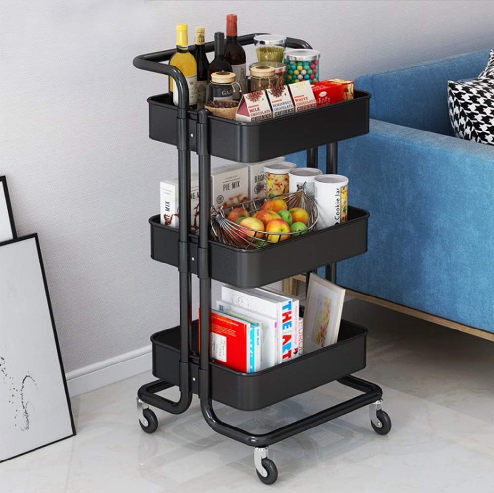 Black 3-Tier Multi-Purpose Organizer Trolley with Casters - Rolling Metal Utility Cart for Bathroom, Kitchen, Bedroom Storage
