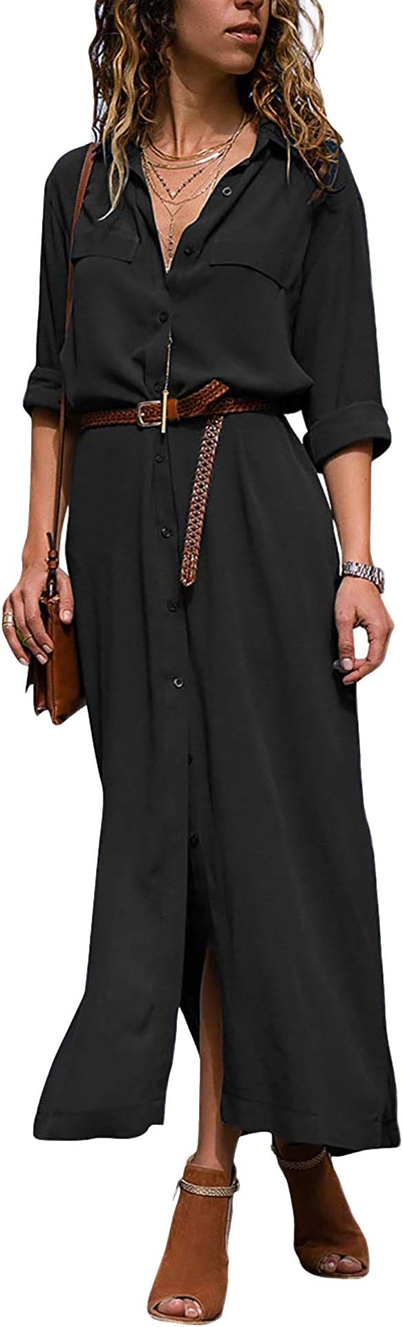 Womens Chiffon Maxi Shirt Dress Roll up Sleeve Split Button Down Casual Long Dresses