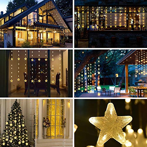 TOFU 80 Stars 144 LED Curtain String Lights, Window Curtain Lights with 8 Flashing Modes & Remote Control, Decoration for Christmas, Wedding, Party, Home, Bedroom, Patio Lawn, Warm White - Thumbnail 4