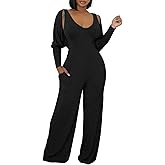 ECHOINE Womens V Neck Wide Leg Jumpsuits with Pockets Ribbed Long Sleeve Coat Pants 2 Piece Sets Outfits