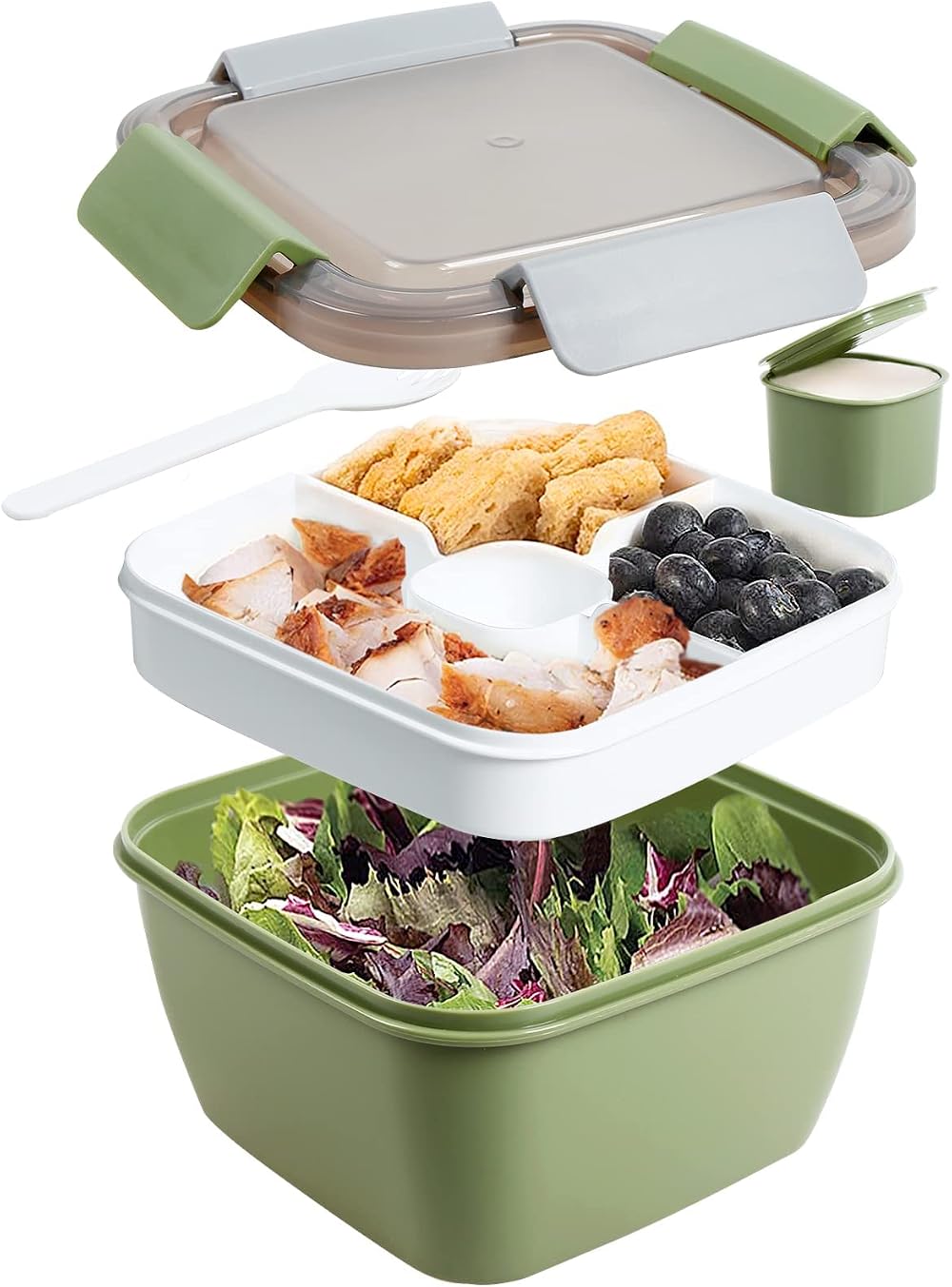 Greentainer 52 OZ Salad Container 3-Compartment BPA-Free Army Green
