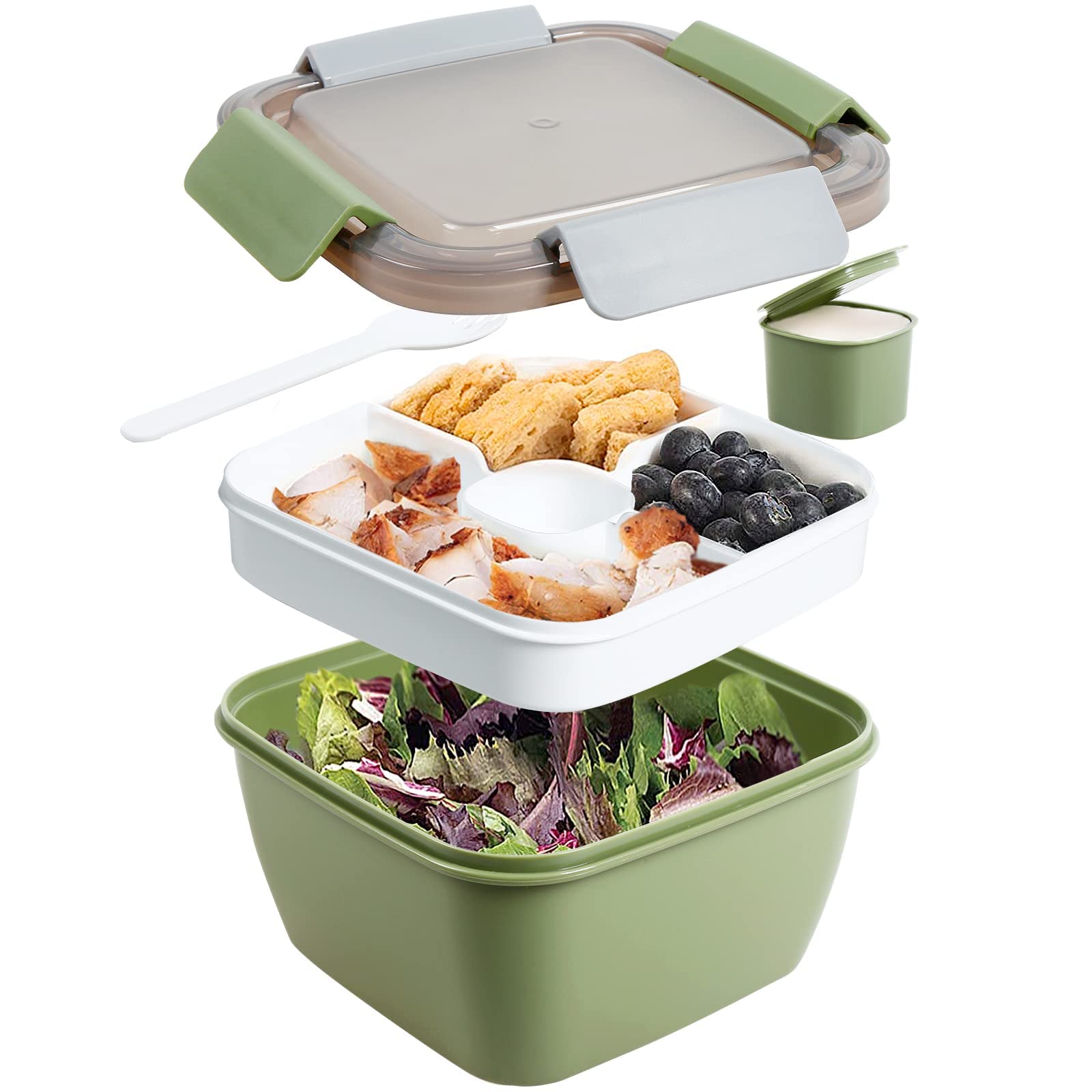 Greentainer 52 OZ to Go Salad Container Lunch Box, BPA-Free, 3-Compartment for Salad Toppings and Snacks Bowl with Dressing Container, Built-in Reusable Spoon, Microwave Safe(Army Green)