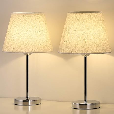 juego de 2 lamparas de mesita de noche 2 unidades lampara de mesa de noche lampara de metal plateado con pantalla de lino para dormitorios