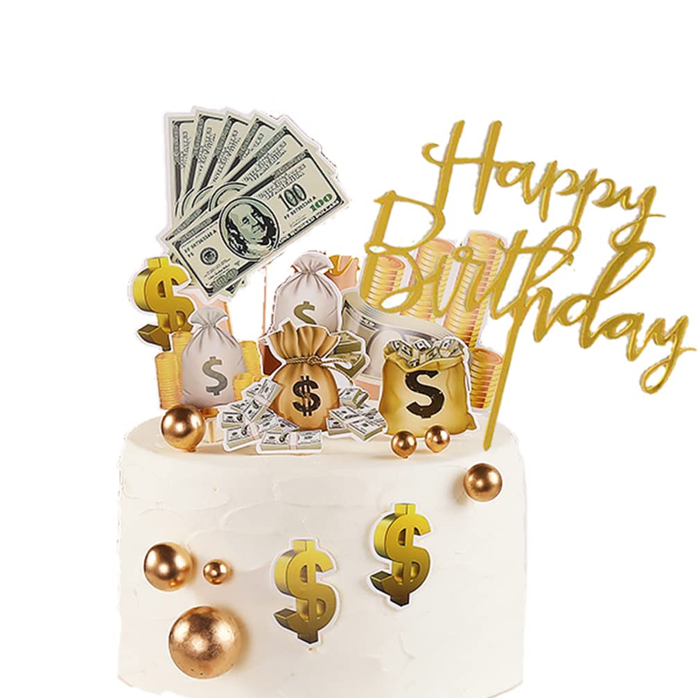 Houhounb 19 Pieces Dollar Cake Decoration Acrylic Happy Birthday Cake Topper Money Cake Topper Cupcake Picks for Men Miss Birthday Party
