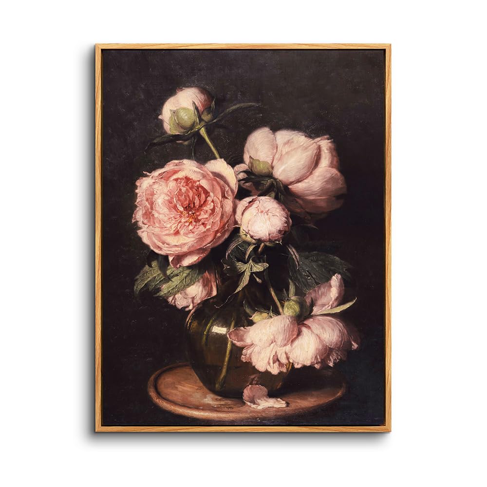 hyidecorart Wooden Framed Canvas Wall Art for Living Room, 12"x16" Pink Flower Botanical Vintage Bedroom Decor Aesthetic, Paintings Artwork Wall Decorations for Desktop Office Hallway Dining Room
