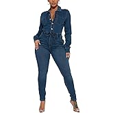 xxxiticat Women's Denim Jumpsuit Casual Long Sleeve Button Down Belted Lace Up Skinny Bodycon One Piece Jean Rompers