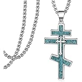 Hantuorui Orthodox Cross Necklace Men 925 Sterling Silver Turquoise Cross Necklace for Women Eastern Orthodox Christian Jewelry Gifts