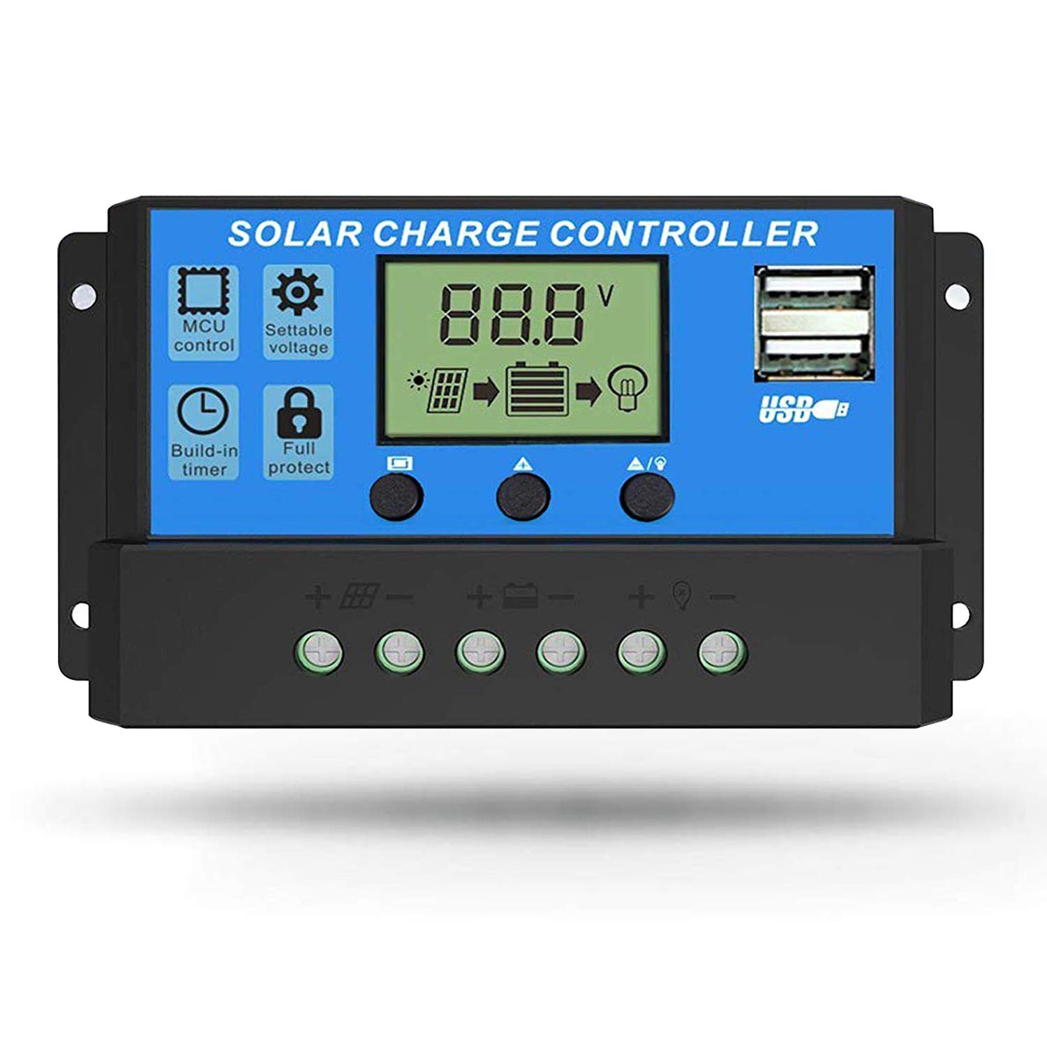 30A Solar Charge Controller, Dual USB Port Solar Panel Battery Intelligent Regulator, Multi-Function Adjustable LCD Display Street Light Controller (30A)