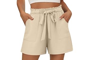 VOGFFR Linen Shorts for Women High Waisted Cotton Shorts Wide Leg Drawstring Pants Elastic Waist Short Pants with Pockets
