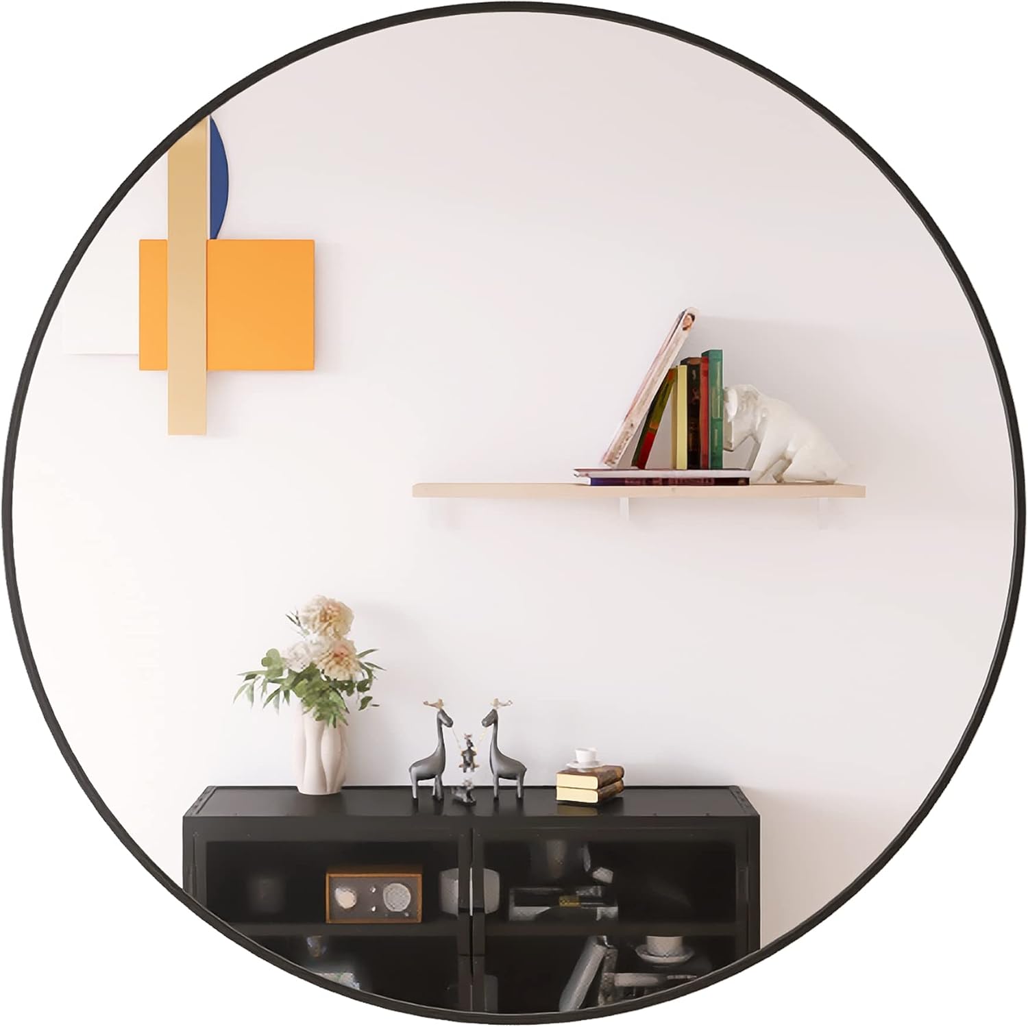 Mirrors - LFT HUIMEI2Y Wall Circle Mirror Large Round 28Inch Black Metal Frame Wall Mounted Circle Mirror for Bathroom, Living Room, Dining Room, Make Up Vanity Mirror, Entryway Mirror