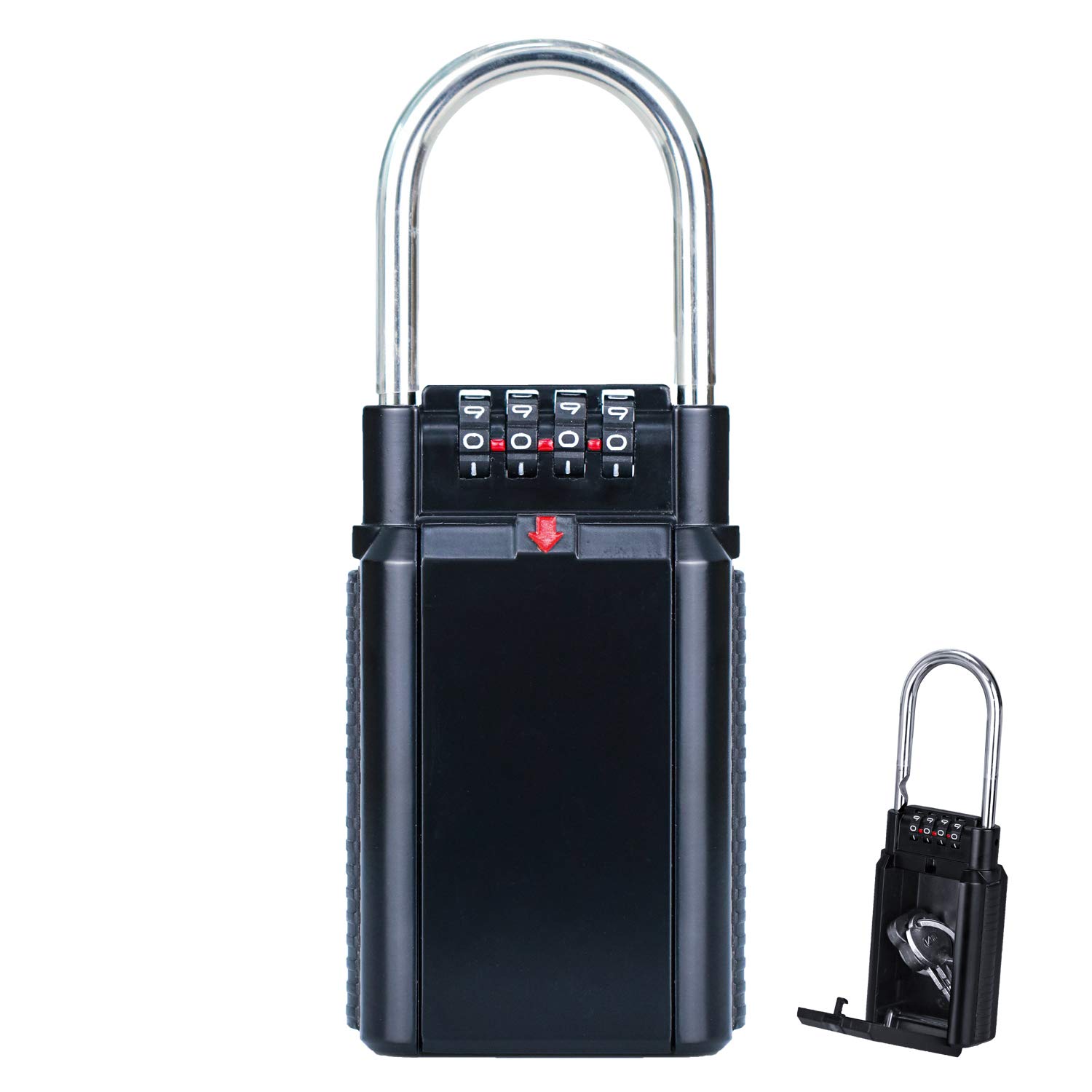 BenRich Key Padlock Safe Outdoor, 4-Digit Combination Portable Key Safe Storage Lock Box with Shackle to Share and Secure Spare Keys for Homes Offices Cars (Black)