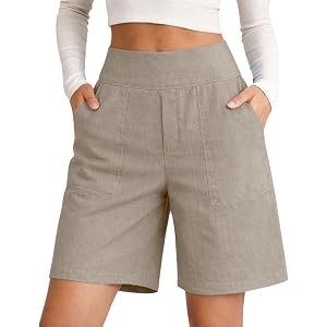 Linen Shorts for Women Stretch High Waisted Wide Leg Summer Casual Beach Vacation Bermuda Cropped Pants with Pockets