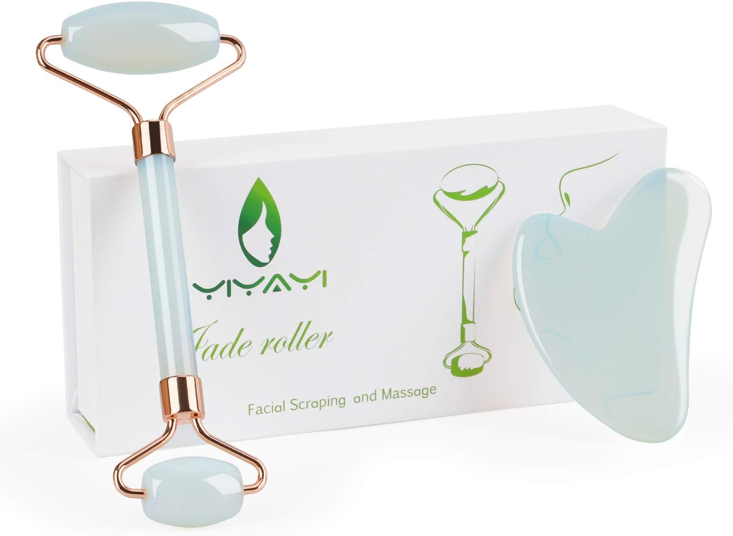 Jade Roller and Gua Sha Set, YIYAYI Eye Jade Roller for Face Eye Neck Makes Skin Firm Reducing Wrinkles and Fine Lines(opal) …