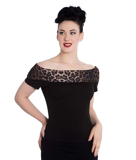 Off Shoulder Top Leopard Print Fold-Over Neckline Stretch Synthetic