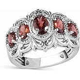 5 Stone Garnet Rings for Women in Platinum Plating - January Birthstone Promise Ring Engagement Rings for Women Vintage Fashion Gemstone Red Garnet Jewelry Valentines Day Gifts for Womens