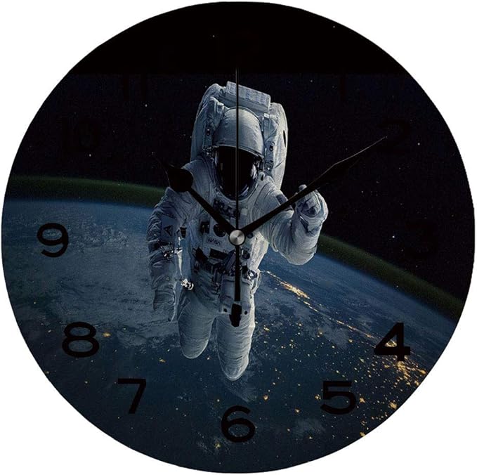 AmaUncle Round Wall Clock Astronaut in Outer Space 10 inch