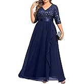 Talisea Plus Size Formal Dresses - V Neck 3/4 Sleeves Sequin Evening Gowns Prom Gala Wedding Guest Chiffon Long Maxi Dress