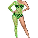 Kaei&Shi Rhinestone Fishnet Bodysuit,One Shoulder Sheer Mesh Jumpsuit,Exotic Dancewear,Sexy Glitter Rave Outfits For Women